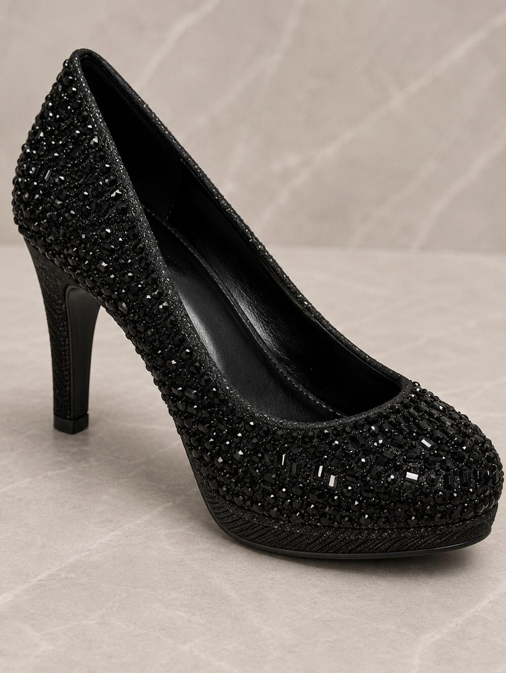 Silver Slipper Black Embellished Rhinestone Pumps Dress Heels Women Size 6 - Picture 1 of 16